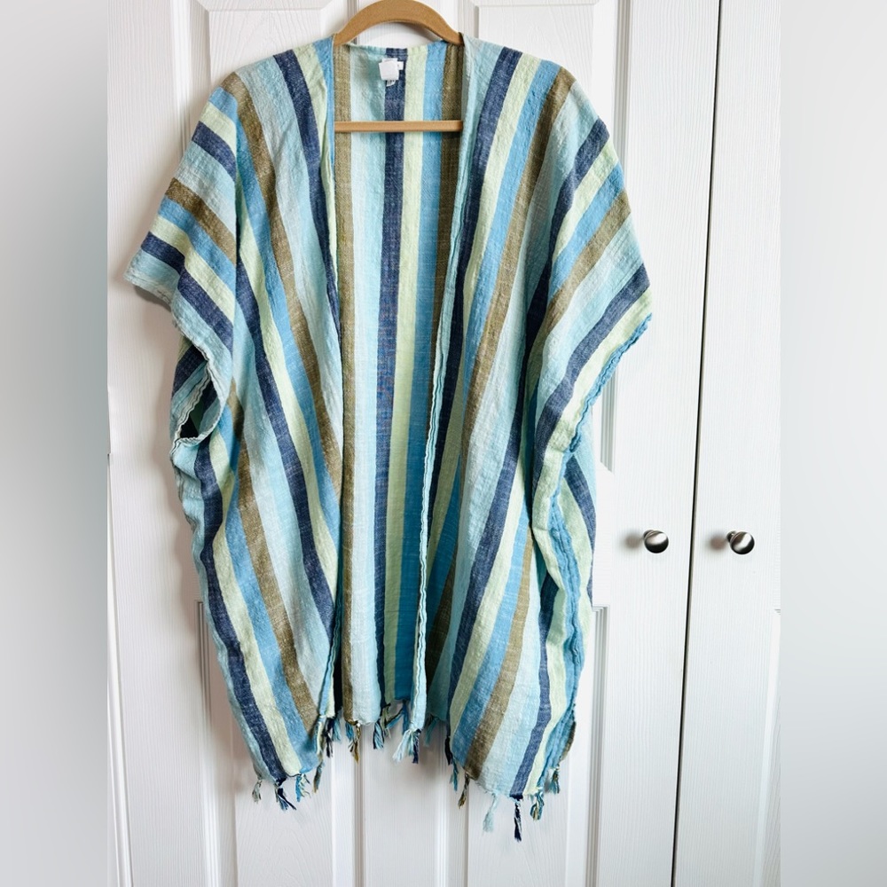 Woman’s Aerie Striped Blue Multicolor Cover Up Kimono with Tassels Sz 0/S